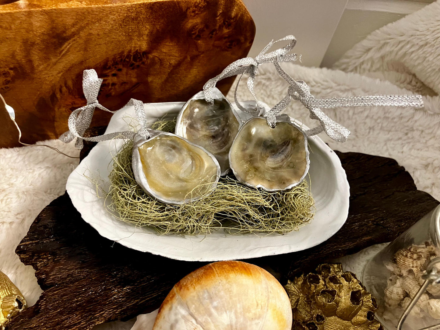 Olympia Oyster Shell Ornaments - Handcrafted, Jewelry Grade, Sustainably Harvested, Costal Decor.