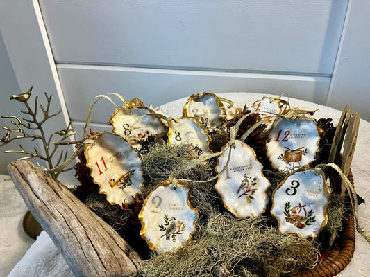 12 Days of Christmas Oyster Shell Ornaments. Sustainably Harvested, Handmade, Costal Decor.