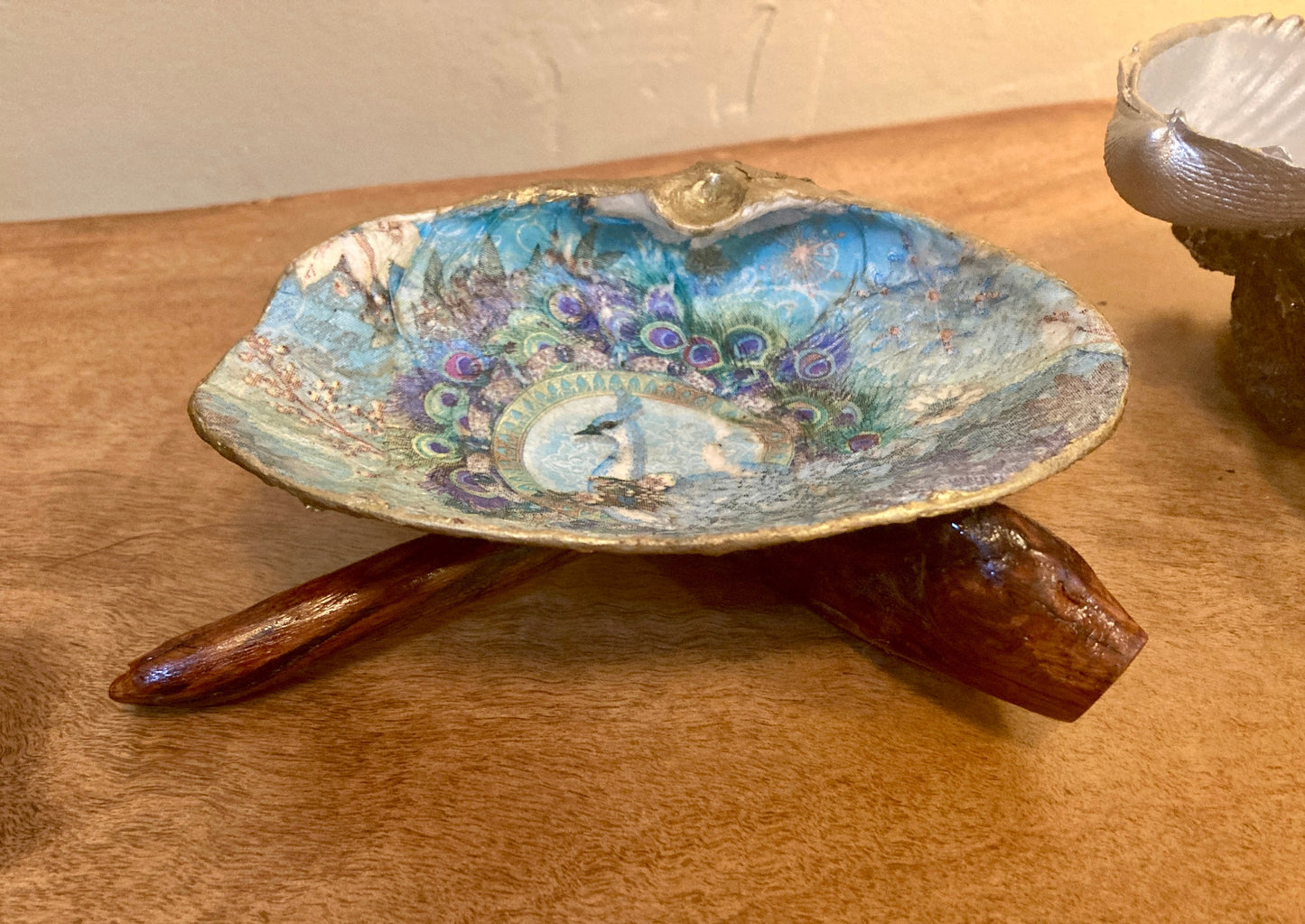 Geoduck Shell Jewelry Dish on a Hand-Carved Madrona Driftwood Base