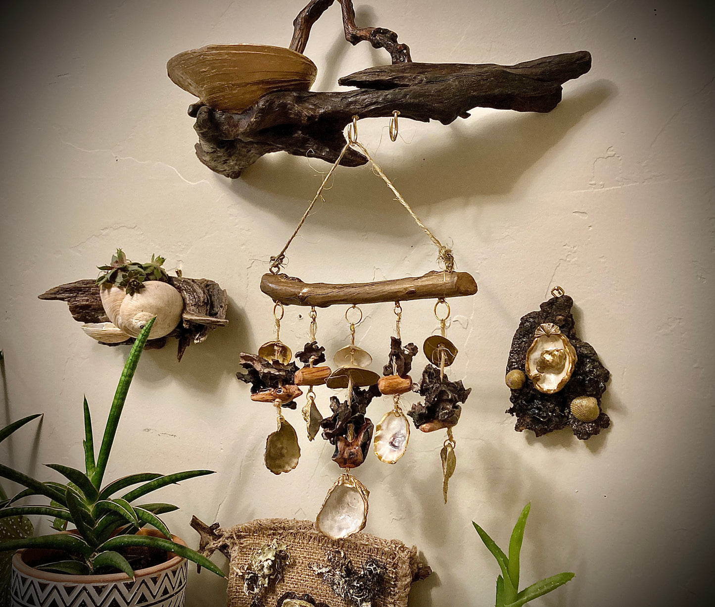 Driftwood and Shell Mobile Wind Chime/ Coastal Home Decor / Beach Wall Hanging