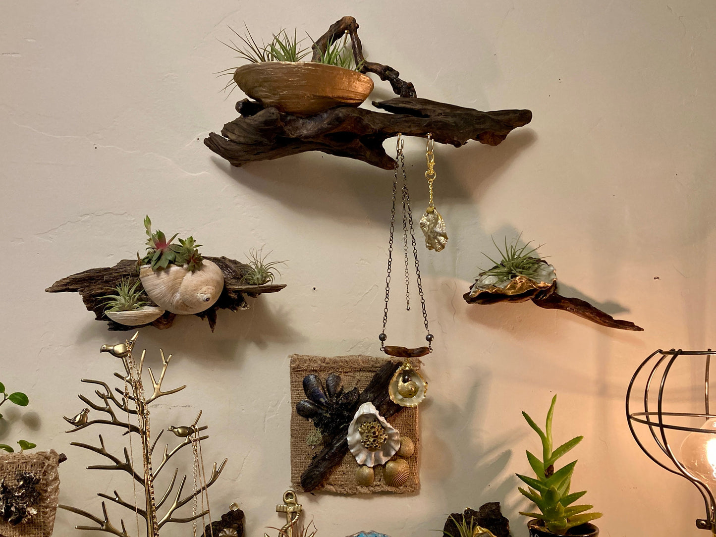 Hanging Caddy, Driftwood and Geoduck Shell - Wall-Mounted Coastal Decor, Organizer