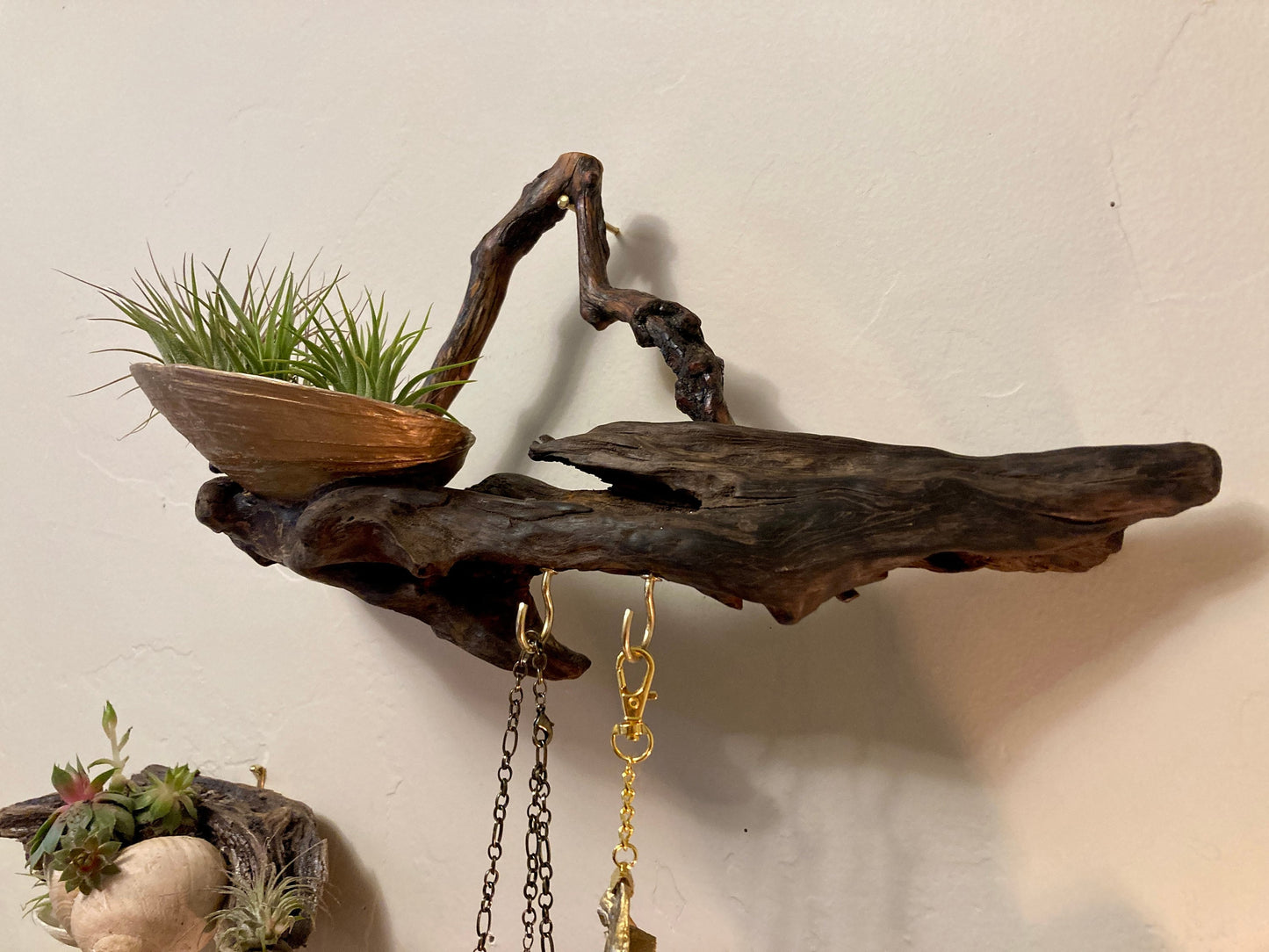 Hanging Caddy, Driftwood and Geoduck Shell - Wall-Mounted Coastal Decor, Organizer