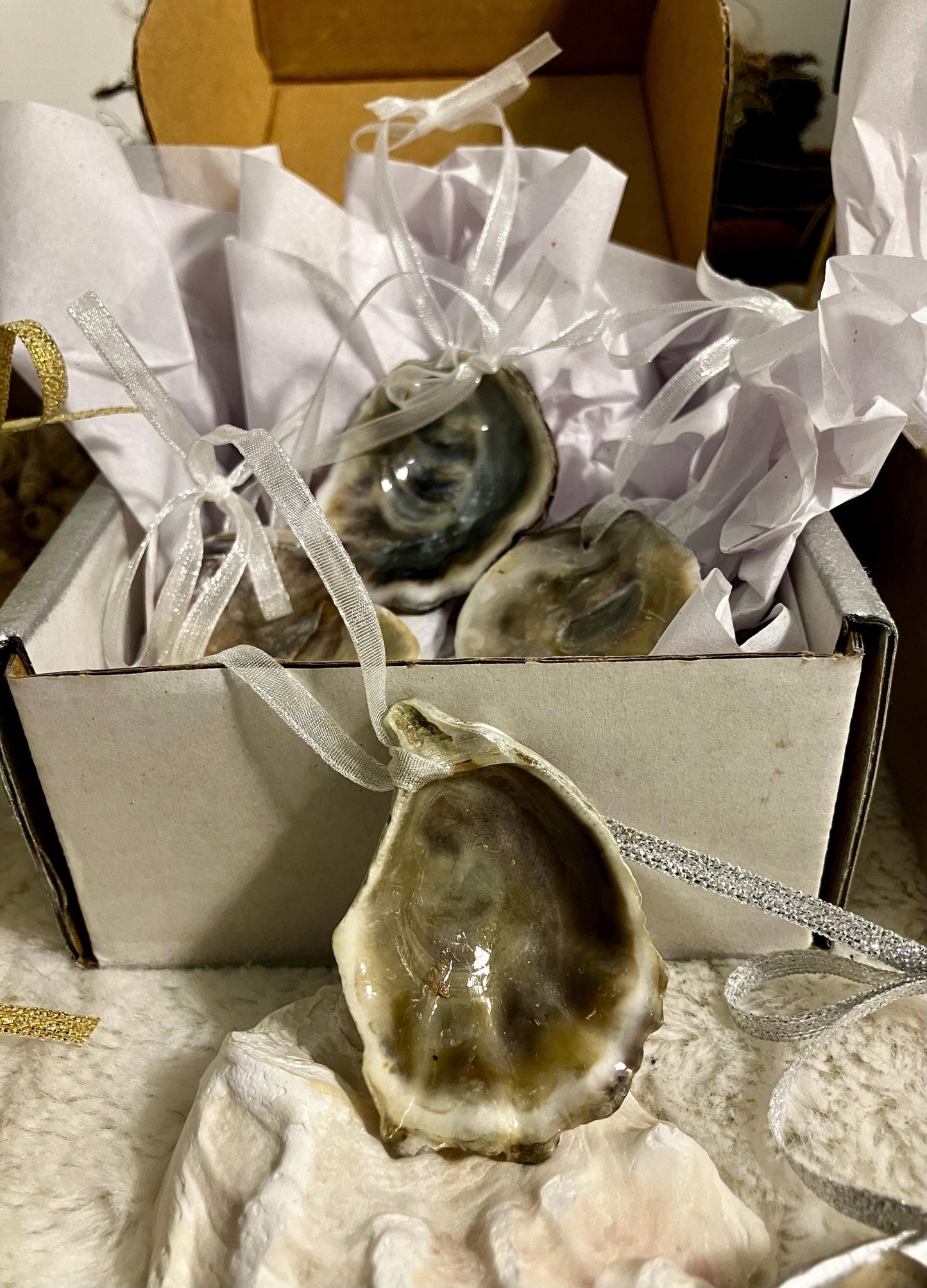 Olympia Oyster Shell Ornaments - Handcrafted, Jewelry Grade, Sustainably Harvested,  Costal Decor.