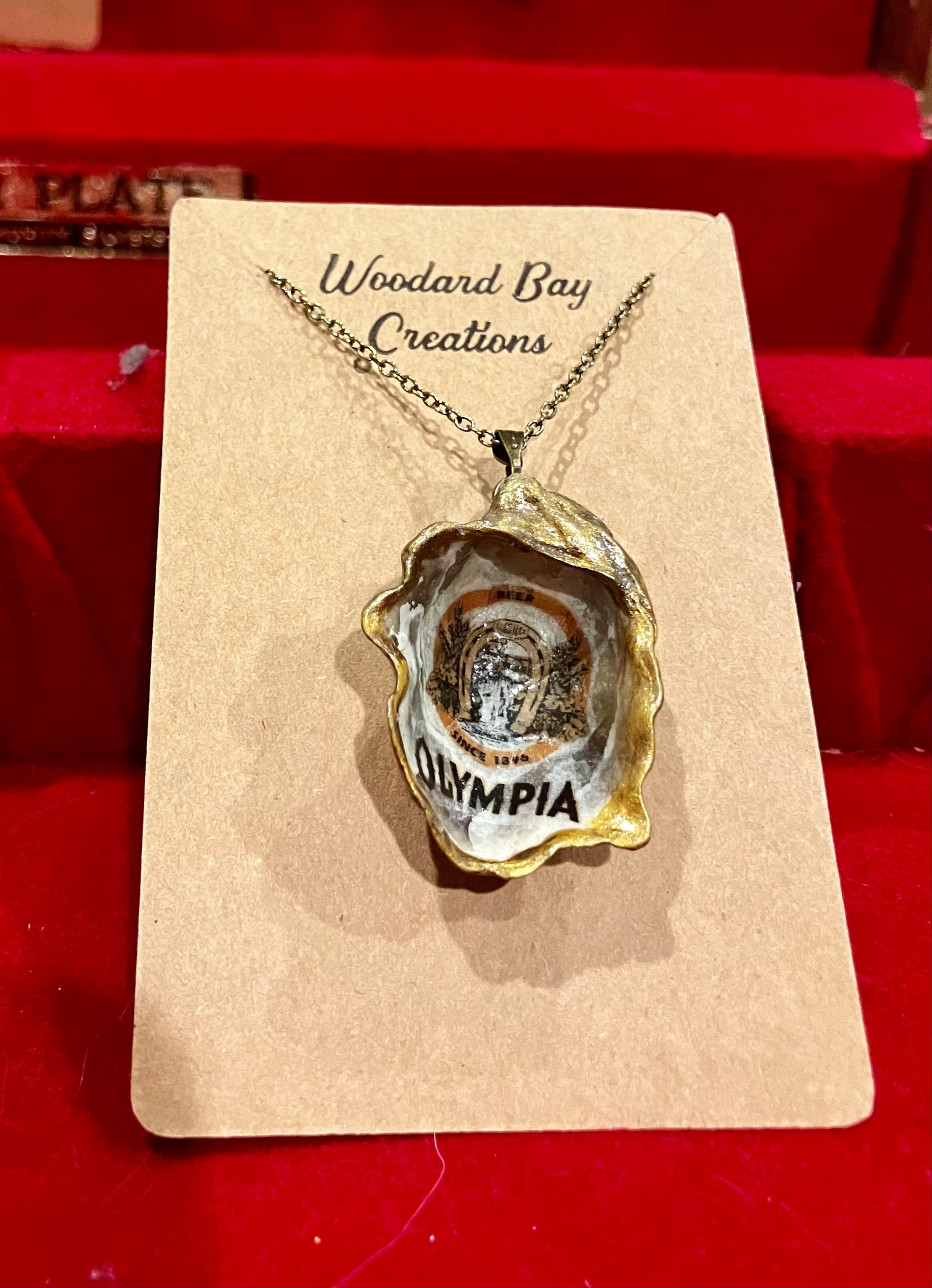 Olympia Beer Necklace, Made with Olympia Oyster Shells!
