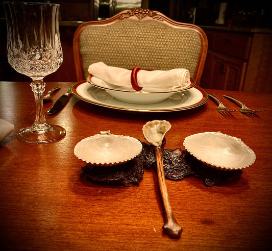 Shell and Driftwood, Condiment Serving Set with Hand-Carved Spoon, Salt and Pepper Dish